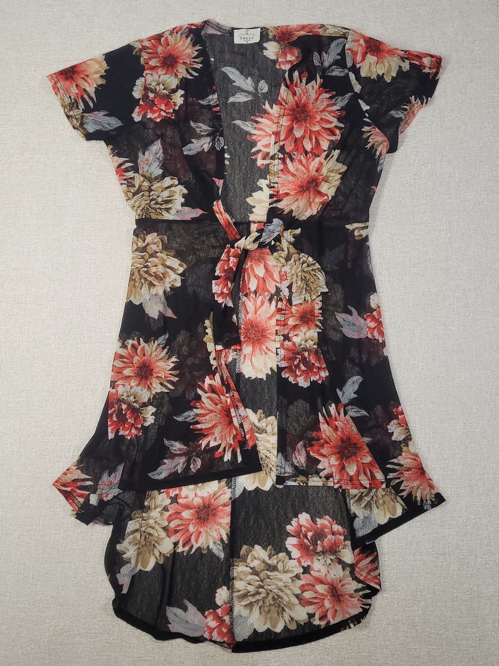 Floral Tie-Waist Kimono Cover-Up - Black with Coral & Cream Flowers